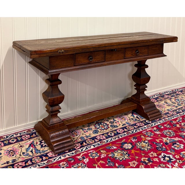Antique French Flip Top Envelope Library Table Console Sofa Entry Table Oak For Sale - Image 4 of 18