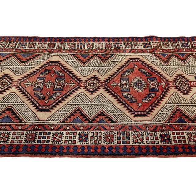 Vintage Hand-Knotted Turkish Geometric Wool Runner Rug – Terracotta, Ivory & Navy Tribal Design For Sale In New York - Image 6 of 8