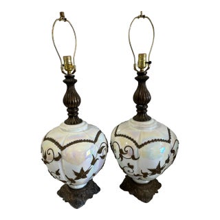 Pair of Hollywood Regency Lamps Large Opalescent Iridescent White Glass Bodies W/ Bronze Filigree Overlay 3-Way Switch 1970s For Sale