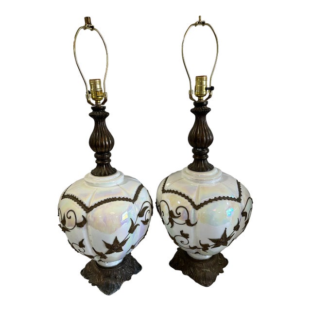 Pair of Hollywood Regency Lamps Large Opalescent Iridescent White Glass Bodies W/ Bronze Filigree Overlay 3-Way Switch 1970s For Sale