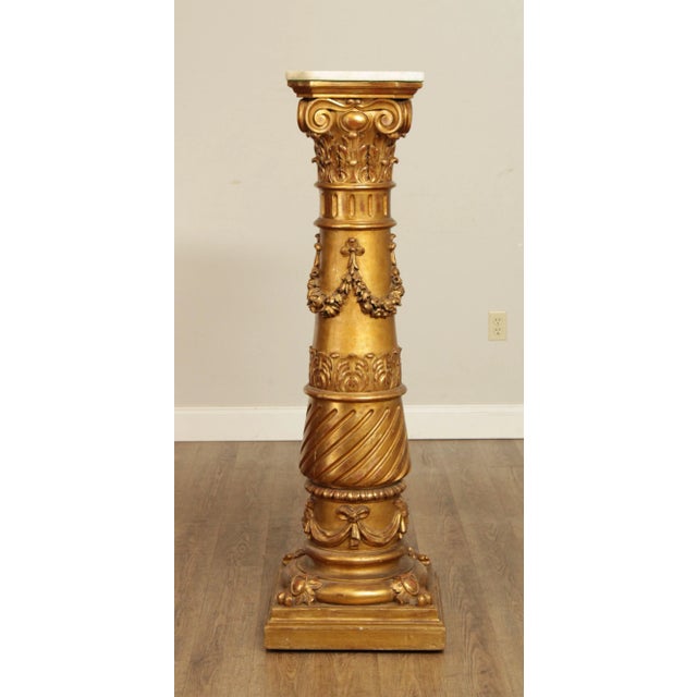 Gold Antique 19th Century Italian Neoclassical Carved Giltwood Marble Top Pedestal For Sale - Image 8 of 13