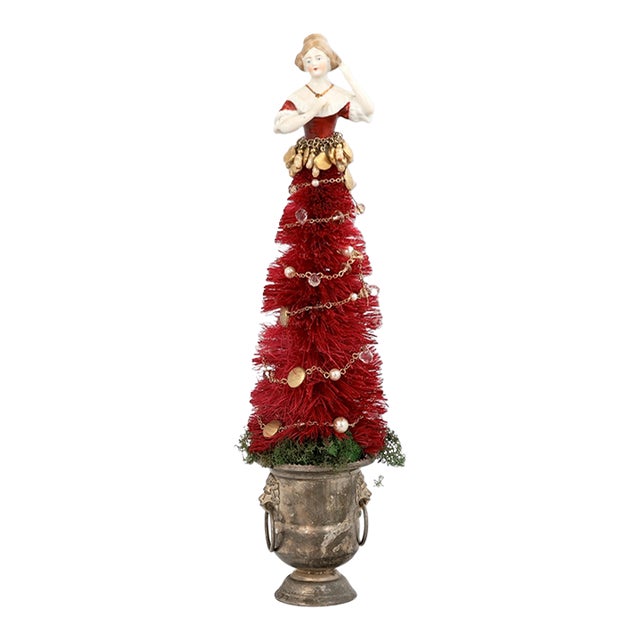 Holiday Starlet Gilded Red Bottle Brush Tree W/ Silverplate Base For Sale