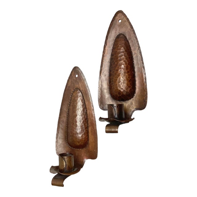 Arts & Crafts R B Reitz Hand Wrought Copper Single Light Candle Wall Sconces Pair For Sale