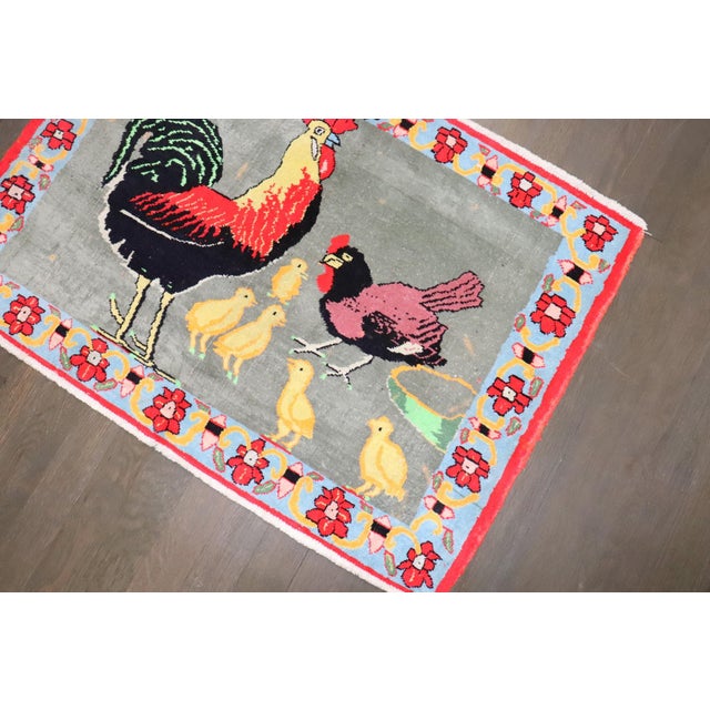 a mid 20th Century Virbrant Color Cotton Persian Kashan Pictorial Rooster Rug