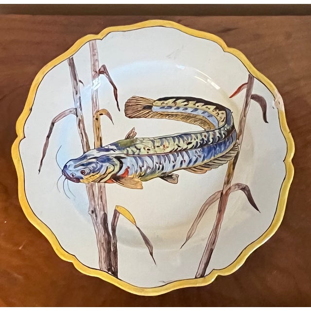French Country Antique 19th Century Hand Painted French Art Nouveau Faience Fish Plate For Sale - Image 3 of 10