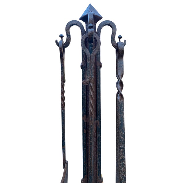 Gothic Wrought Iron Arts & Crafts Fireplace Tools and Stand For Sale - Image 3 of 9