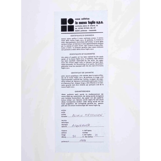 The Mill of Don Quixote is an Original Etching realized by Plinio Mesciulam in 1973. Very good condition on a white...