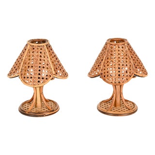 Vintage Italian Table Lamps in Rattan and Vienna Straw by Louis Sognot, 1960s, Set of 2 For Sale