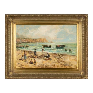 Vintage Spaggia Grande Beach Scene Italian Seascape Oil Painting in Giltwood Frame