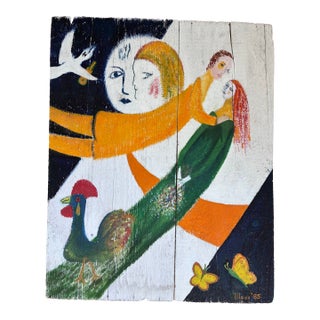 Vintage Original Folk Art Painting Full of Symbolism Regarding Love, After Chagall. Stylized Signature on the Front. On the Back It Says ‘Ric Altman For Sale