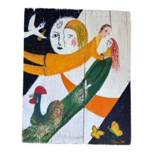 Vintage Original Folk Art Painting Full of Symbolism Regarding Love, After Chagall. Stylized Signature on the Front. On the Back It Says ‘Ric Altman
