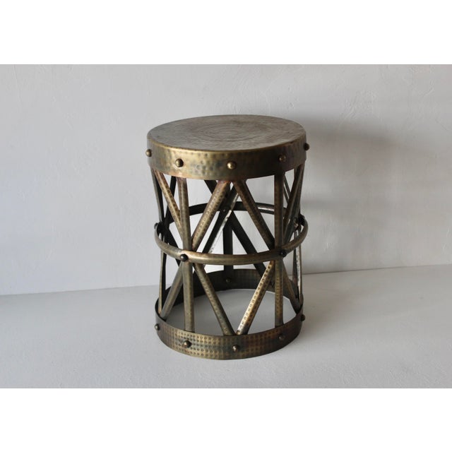 1980s 1980s Sarreid Style Colonial Brass Finish Drum X Table Stool Mid-Century For Sale - Image 5 of 12