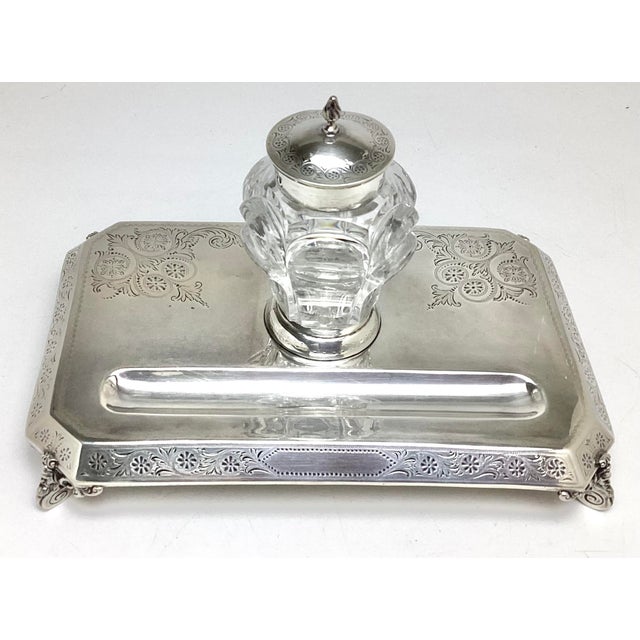 Beautiful antique English inkwell with tray by Charles Boyton featuring a sterling silver tray with elegant hand-engraved...