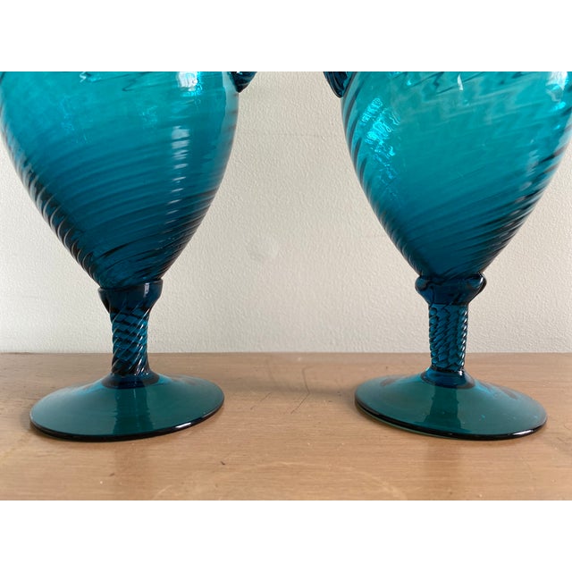 Blue Mid-Century Blue Empoli Glass Ewers - a Pair For Sale - Image 8 of 10