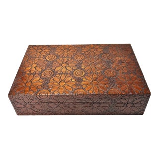 Vintage Carved Wood Floral Keepsake Box, Mid Century Decorative Storage, Jewelry Box, Desk Organizer, Textured Wood Box For Sale