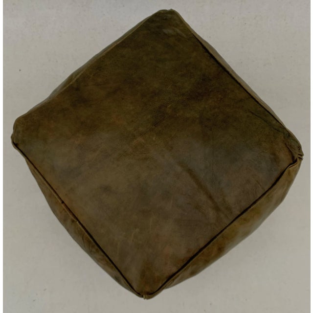 Square Green Olive Handmade Moroccan Leather Pouf Cover For Sale - Image 10 of 11