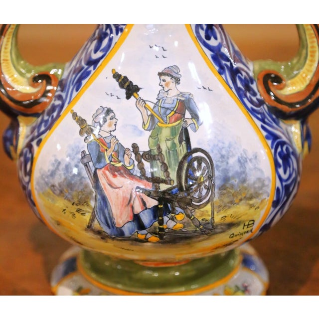 Pair of 19th Century French Hb Quimper Hand Painted Faience Tall Neck Vases For Sale - Image 10 of 16