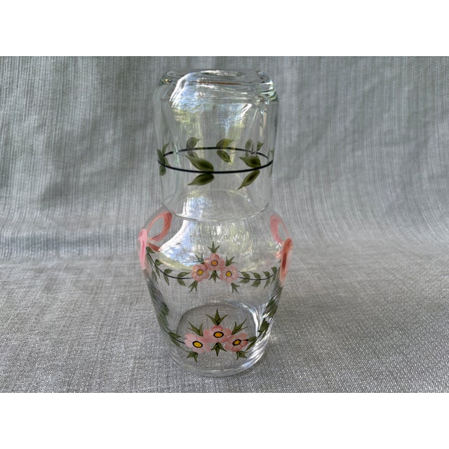 Transparent Vintage Hand Painted Bedside Carafe & Cup Set For Sale - Image 8 of 14