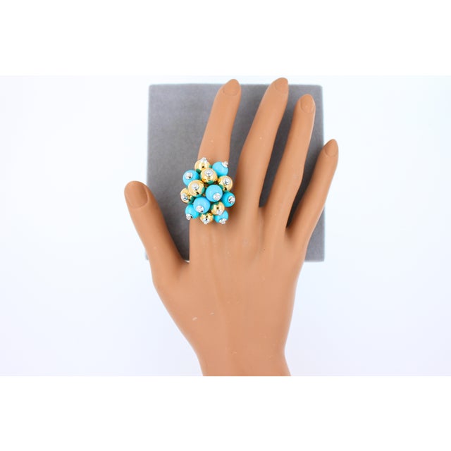 Blue Turquoise Diamonds Golden Spheres Balls Christmas Bells Motif 18k Gold Ring, Size 7 For Sale - Image 9 of 18