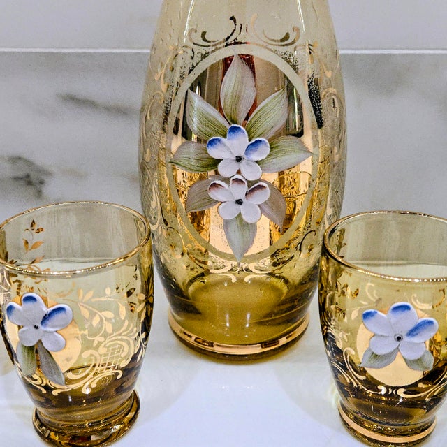 Vintage Italian Murano Tre Fuochi Amber Glass Decanter & 6 Cordial Glasses – 24k Gold Gilt, Hand-Painted High Enamel Flowers For Sale - Image 10 of 12