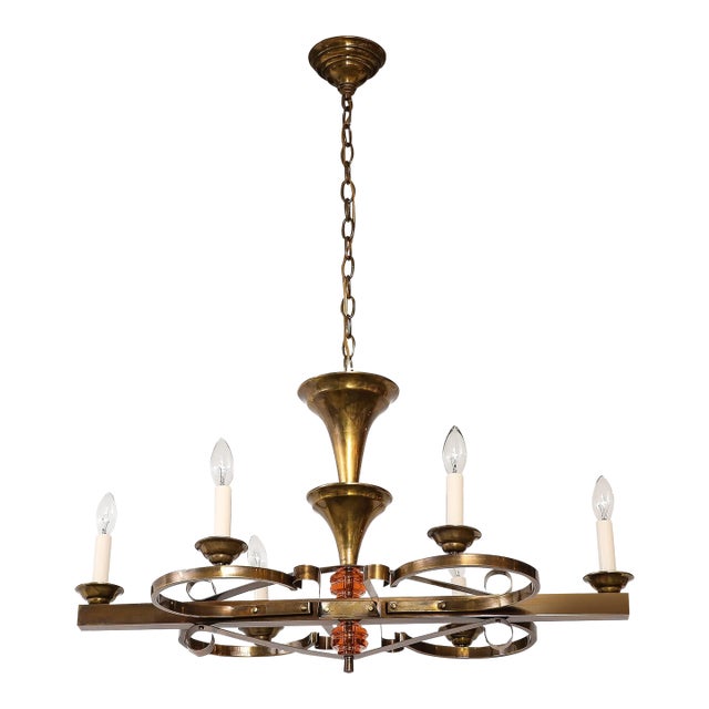 1940's French Art-Deco 6 Arm Brass Chandelier For Sale