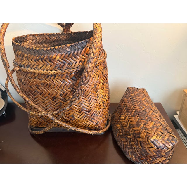 Vintage Asian Woven Rattan Bamboo Rice Traditional Harvest Basket Wicker Backpack For Sale - Image 9 of 11