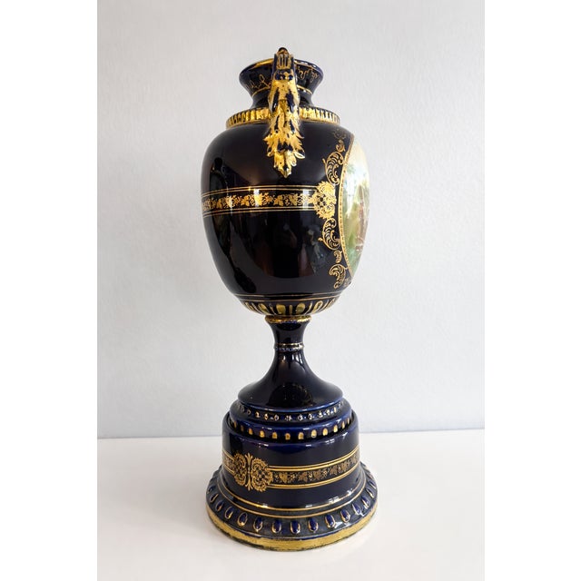 Ceramic Pair of Antique Vienna Style Cobalt Blue & Gilt Porcelain Pedestal Urns, Circa 1900 For Sale - Image 7 of 13