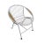 Retro ring style white finish iron outdoor chair. Fun midcentury modern round shape with teak wood insert detail on arms....