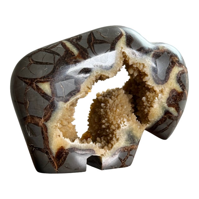 Calcite Crystal Septarian Buffalo Sculpture Carved Stone Masculine Rugged For Sale