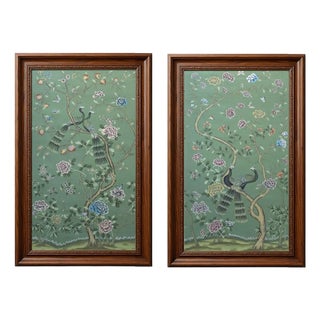 W18"* H36", Emerald Green Peacock Peony 2-Panel Chinoiserie Wallpaper Panels, No Frame, Tea Paper For Sale
