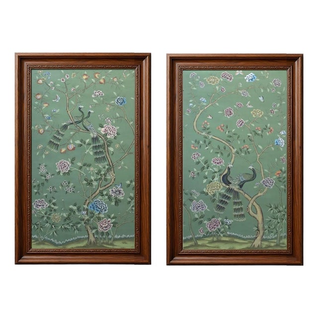 W18"* H36", Emerald Green Peacock Peony 2-Panel Chinoiserie Wallpaper Panels, No Frame, Tea Paper For Sale