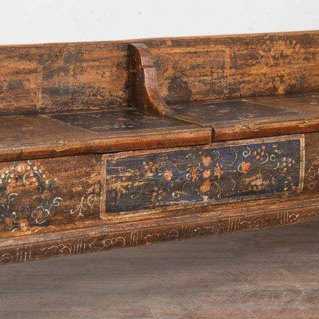 Folk Art Original Hand Painted Long Pine Bench Dated 1933 For Sale - Image 3 of 9