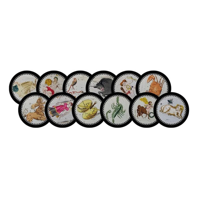 Zodiac Black Vegan Leather Round Pebble Placemat, Set of 12 For Sale