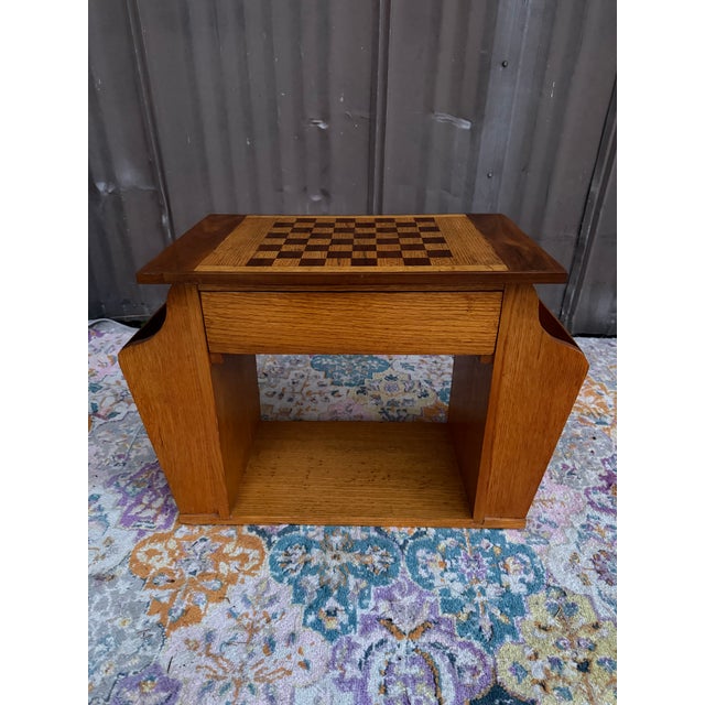 MCM Oak Chess/Checkers Game Table With Magazine Racks and a drawer for storing game pieces makes any room in the house fun!
