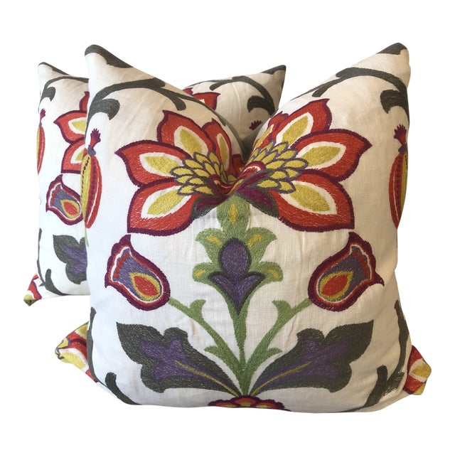 Hamilton Fabrics Floral Embroidered Linen 22” PillowsA Pair Chairish
