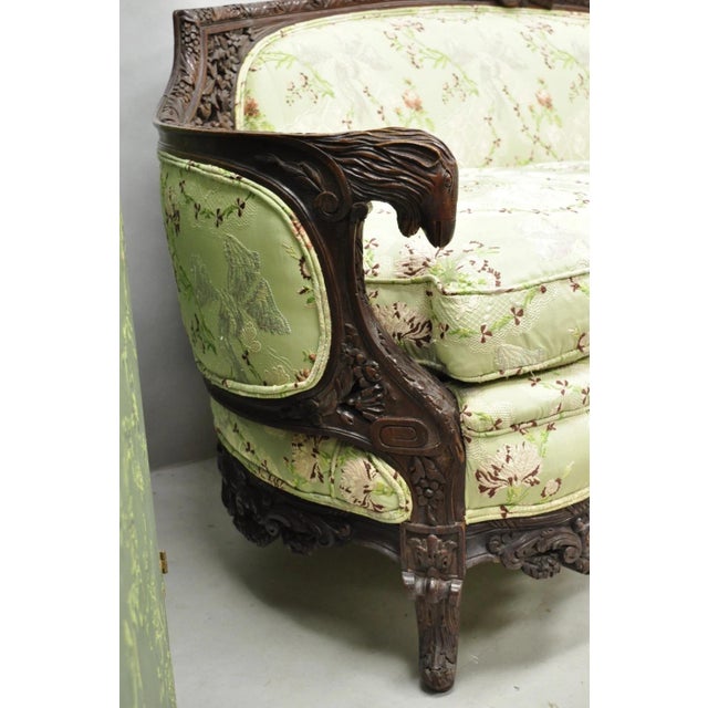 Antique Italian Renaissance Carved Walnut French Victorian Rams Head Green Sofa For Sale - Image 10 of 18