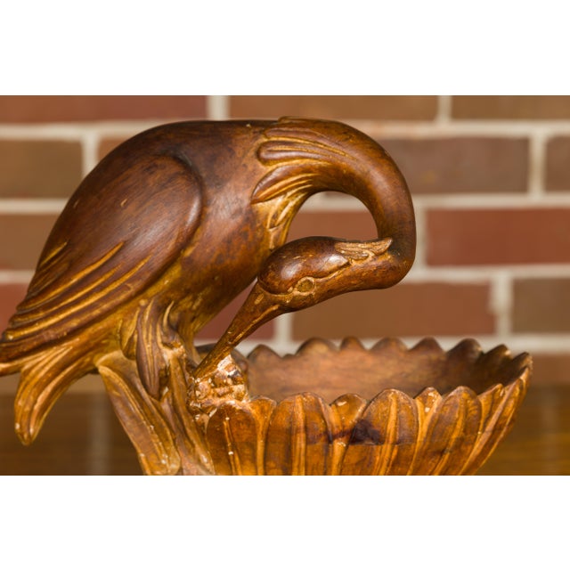 Italian Midcentury Carved Wooden Bowl with Crane and Leaf Motifs For Sale - Image 11 of 12