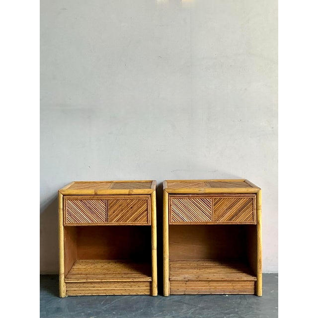 Wood Vintage Boho Chevron Pencil Reed Nightstands - A Pair For Sale - Image 7 of 7