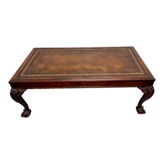 1990s Mahogany Coffee Table Leather Top Ball Claw Feet For Sale