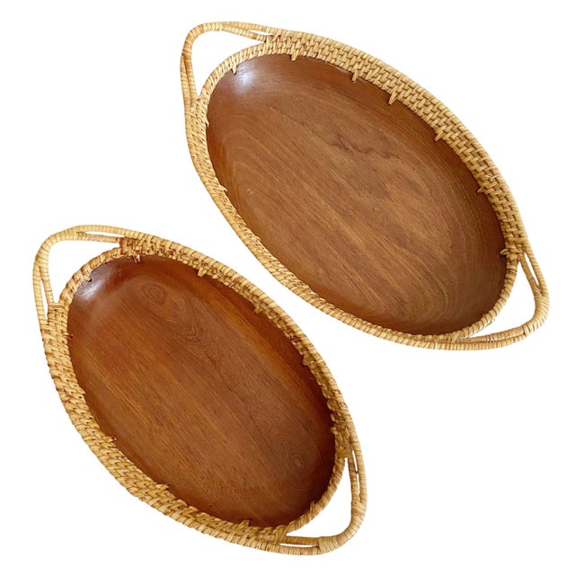 Vintage 1970s Nesting Oblong Wood Mango Bowl With Rattan Trim - Set of 2 For Sale - Image 4 of 5