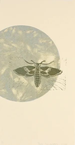 Moth & Moon Linoleum Block Print by R. Delamater