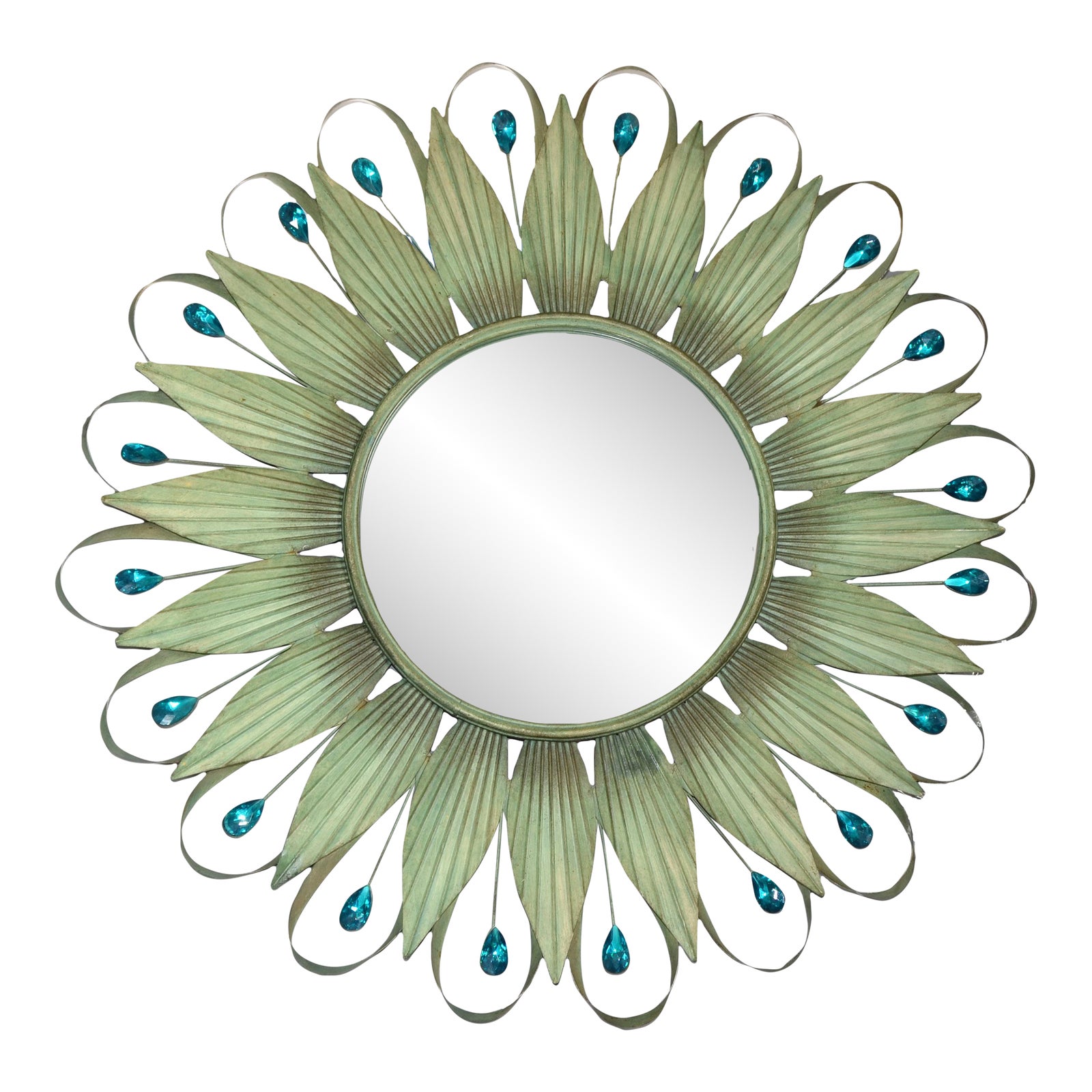 1970 Arts and Crafts Teal Peacock Wall Mirror Turquoise Faceted Glass Tear Drop Chairish