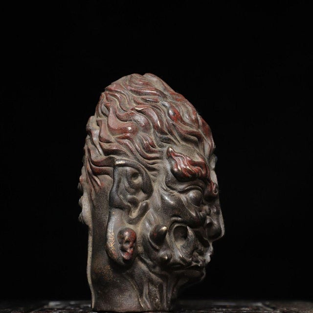 Late 20th Century Vintage Bronze Two-Faced Head Sculpture Buddhist Deity Altar Bust 5.9" For Sale - Image 5 of 9