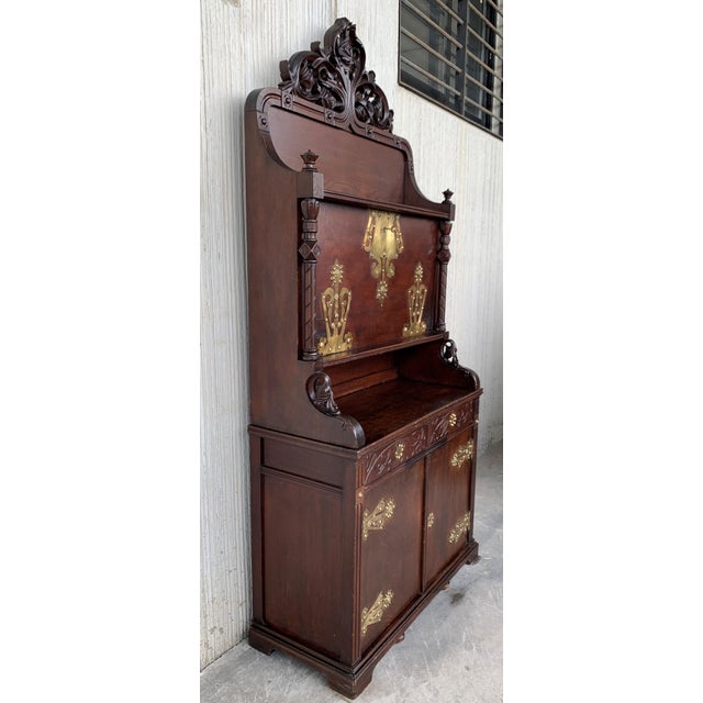 Arts & Crafts Oak Sideboard With Dry Bar Top and Cupboard in Oak, Bronze & Brass For Sale - Image 4 of 13