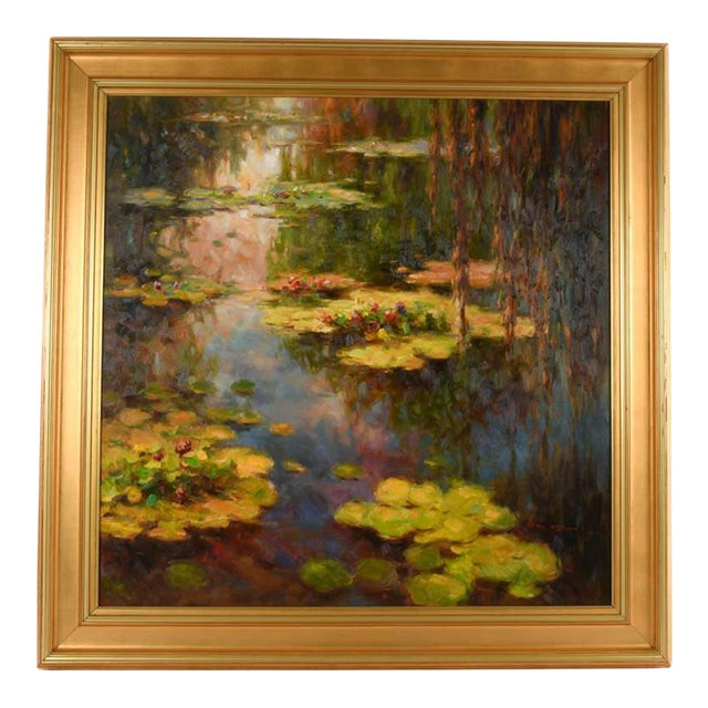 Late 20th Century Framed Signed Zhao Song Lilypads in Evening Oil on Canvas For Sale