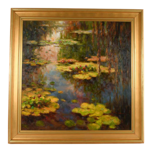 Late 20th Century Framed Signed Zhao Song Lilypads in Evening Oil on Canvas