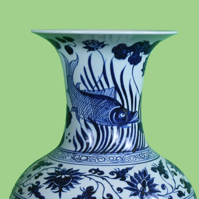 Pair of White and Blue Fish Ceramic Vases For Sale - Image 4 of 5