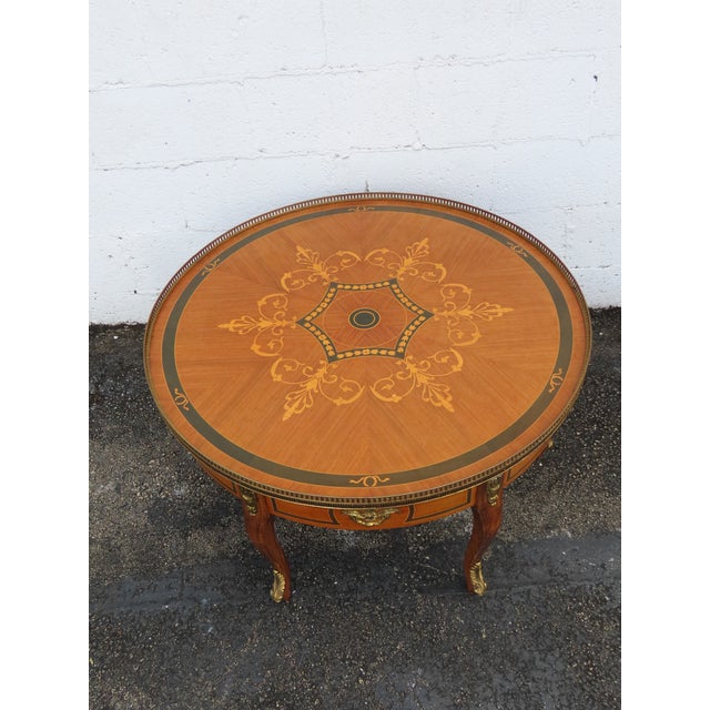 French Inlay Round Coffee Table With Brass Apron 6349 For Sale - Image 4 of 11