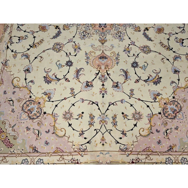 Persian Tabriz Rug, Hand-Knotted Wool & Silk, Fine Floral Pattern, Ivory & Pink, 7x10 For Sale - Image 11 of 12