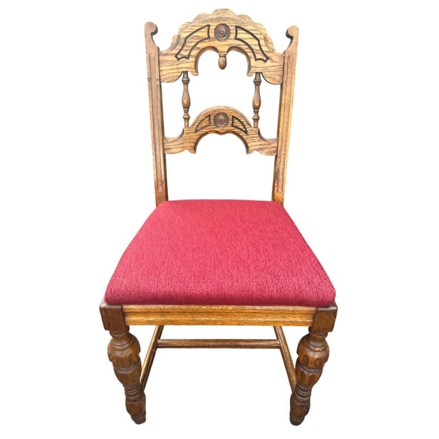 Antique Spanish Revival Oak Dining Chairs With New Burgundy Seat Upholstery - Set of 4 - Circa 1920s. 18" w x 17.5 d x 36...
